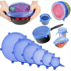 Набор силиконовых крышек Kitchenio Super Stretch Silicone Синих 6 шт, Вакуумные крышки на лотки и каструли 6 шт