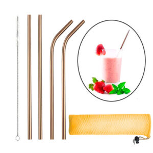 Набор соломинок металлических 4шт, эко трубочки для напитков, розовое золото