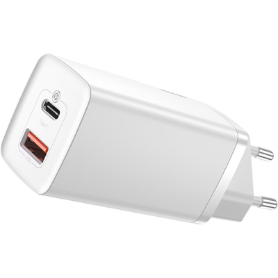 Зарядное устройство Baseus 2xUSB 65W GaN (USB-C+USB-A) white (CCGAN2L-B02)