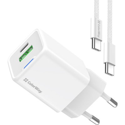 Зарядное устройство ColorWay C101A GaN Mini 20W PD PPS USB-C + USB-A QC4.0 + cable USB-C to USB-C black (CW-CHS062PDC-WT)