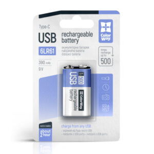 Аккумулятор Крона USB-С 390 mAh 9V (Li-Polymer) ColorWay (CW-UB9V-06)